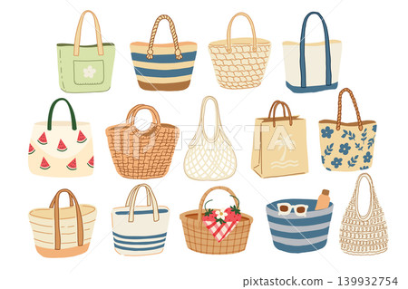 Vector collection of summer tote bags, hand drawn illustration of hand knitted bags, canvas bags, straw bags for your summer design. Vector collection of summer tote bags, hand drawn illustration of hand knitted bags, canvas bags, straw bags for your summer design. 139932754