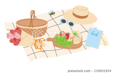 Summer Picnic Vector Illustration with Wicker Basket and Food on Plaid Blanket 139932854