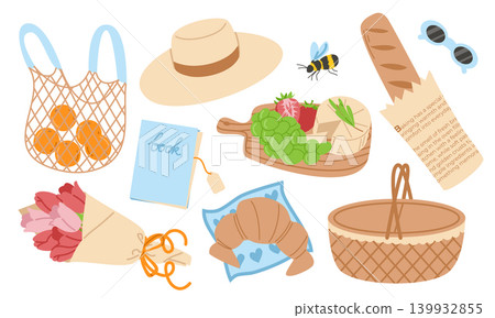 Summer Picnic Vector Set with Cute Hand Drawn Elements Isolated on White Summer Picnic Vector Set with Cute Hand Drawn Elements Isolated on White 139932855