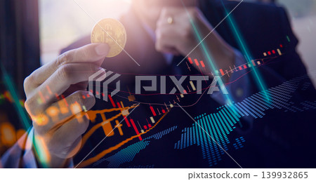 Modern way of exchange. Bitcoin is convenient payment in global economy market. Virtual digital currency and financial investment trade concept. Abstract cryptocurrency with gold bitcoin background. 139932865