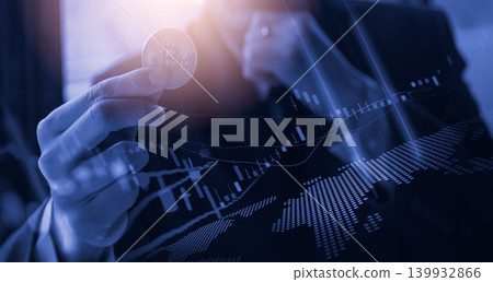 Modern way of exchange. Bitcoin is convenient payment in global economy market. Virtual digital currency and financial investment trade concept. Abstract cryptocurrency with gold bitcoin background. 139932866