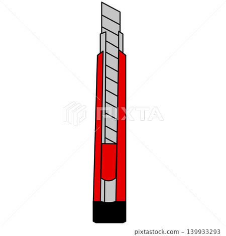 An illustration of a utility knife placed vertically with the blade extended. Red and black colors. Simple line drawing with a transparent background. An illustration of a utility knife placed vertically with the blade extended. Red and black colors. Simple line drawing with a transparent background. 139933293