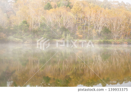 Autumn foliage scenery at Sankaku Pond (Shiga Kogen) shrouded in mist. Autumn foliage scenery at Sankaku Pond (Shiga Kogen) shrouded in mist. 139933375