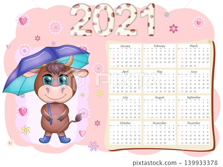 Calendar 2021. The bull is a symbol of the new year, Cartoon cow. Chinese horoscope calendar. Calendar 2021. The bull is a symbol of the new year, Cartoon cow. Chinese horoscope calendar. 139933378