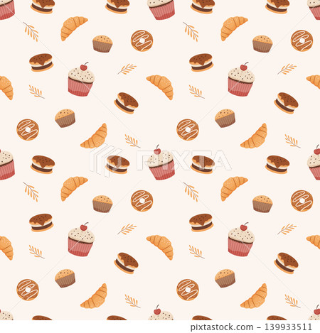 Seamless pattern with pastries, muffins, croissants and sweets. Seamless pattern with pastries, muffins, croissants and sweets. 139933511