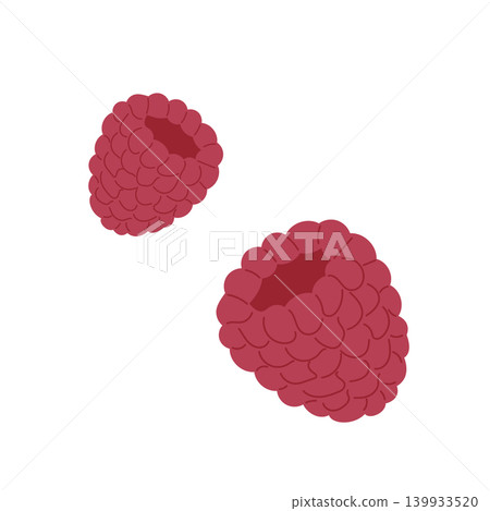 Two vibrant red raspberries isolated on a white background showcasing their unique texture and shape Two vibrant red raspberries isolated on a white background showcasing their unique texture and shape 139933520
