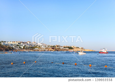Egypt, Sharm el-Sheikh - September 24, 2025 Beach and sea with warning buoys of the Savoy Hotel. Editorial Egypt, Sharm el-Sheikh - September 24, 2025 Beach and sea with warning buoys of the Savoy Hotel. Editorial 139933558