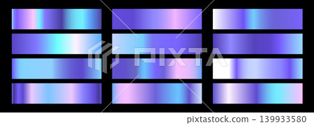 A set of bright holographic gradients. Vector collection of purple, pink and blue gradients for chrome button, ribbon, metal frame, border, label design A set of bright holographic gradients. Vector collection of purple, pink and blue gradients for chrome button, ribbon, metal frame, border, label design 139933580