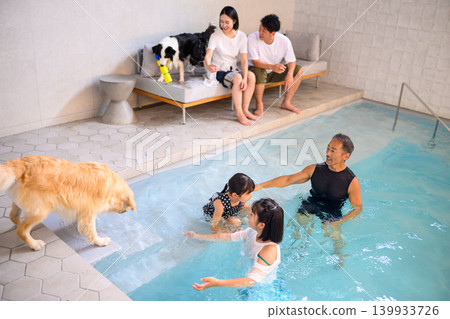 A family and their dog enjoying the pool A family and their dog enjoying the pool 139933726