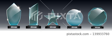 Realistic Glass Trophy Award Vector Template with Crystal Acrylic Cup and Transparent Winner Plaque Realistic Glass Trophy Award Vector Template with Crystal Acrylic Cup and Transparent Winner Plaque 139933760