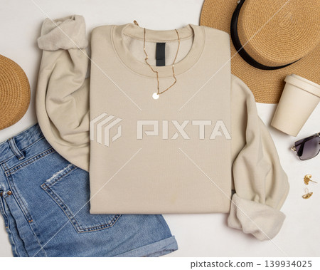 Blank beige unisex sweatshirt mockup, apparel flat lay near jeans and accessories with copy space Blank beige unisex sweatshirt mockup, apparel flat lay near jeans and accessories with copy space 139934025