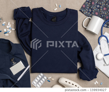 Blank dark blue unisex sweatshirt mockup with medical accessories top view, apparel template 139934027