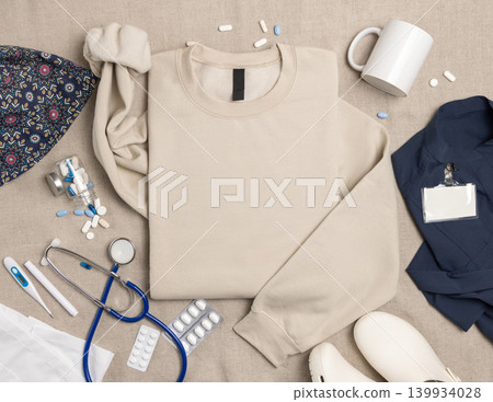 Blank beige unisex sweatshirt mockup with medical accessories top view, print on demand template Blank beige unisex sweatshirt mockup with medical accessories top view, print on demand template 139934028
