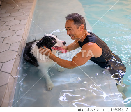 A man and a dog interact by the water. A man and a dog interact by the water. 139934232