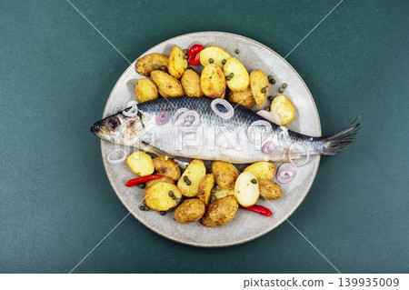 Traditional Salted Herring with Oven Roasted Potatoes Traditional Salted Herring with Oven Roasted Potatoes 139935009
