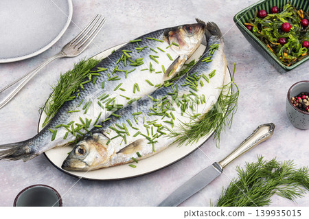 Salted herring with dill and green onion Salted herring with dill and green onion 139935015