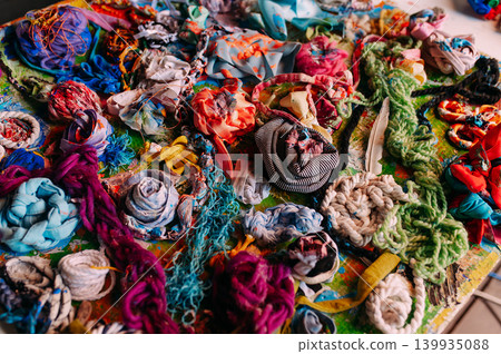 Colorful textile art workshop and creative handmade composition Colorful textile art workshop and creative handmade composition 139935088