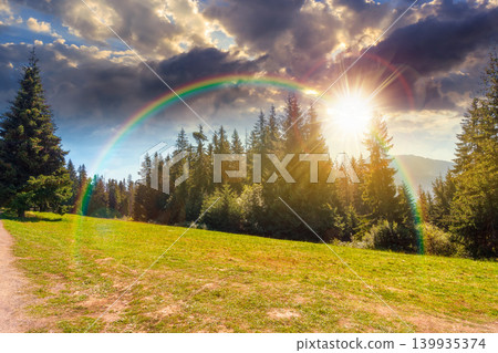 sunset over landscape with coniferous forest in summer. scenic view of mountain landscape in poland. spruce trees on a grassy alpine meadow. cloudy sky above the ridge. weather with rainbow 139935374
