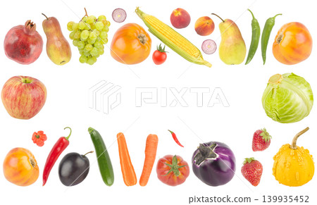 Vibrant Fruits and Vegetables Border Frame Isolated on White Background, Creative Panoramic Banner with Empty Copy Space Vibrant Fruits and Vegetables Border Frame Isolated on White Background, Creative Panoramic Banner with Empty Copy Space 139935452