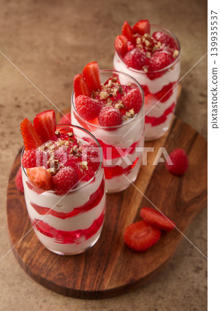 Strawberry Raspberry Jelly Parfait with Cream Layers 139935537