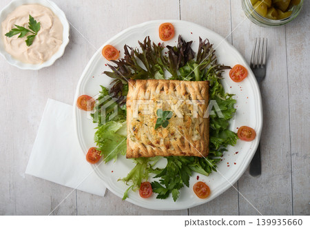 Savory Puff Pastry with Salad and Creamy Dip 139935660