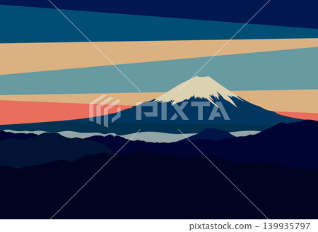 Landscape with Mountain Peaks in Japan. Panoramic evening view of Mount Fuji. Vector illustration Landscape with Mountain Peaks in Japan. Panoramic evening view of Mount Fuji. Vector illustration 139935797