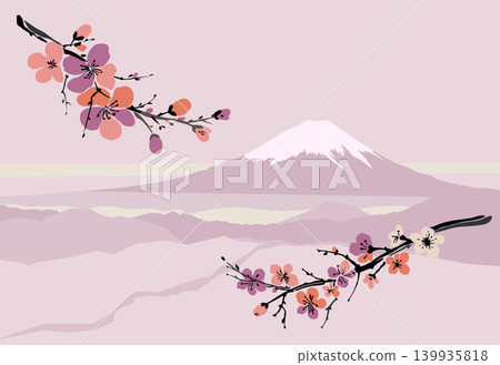 Landscape with Mountain Peaks in Japan and sakura branch elements. Panoramic pink sunset view of Mount Fuji. Beauty spring background. Japanese cherry blossom. Blooming apple flowers. Stock vector Landscape with Mountain Peaks in Japan and sakura branch elements. Panoramic pink sunset view of Mount Fuji. Beauty spring background. Japanese cherry blossom. Blooming apple flowers. Stock vector 139935818