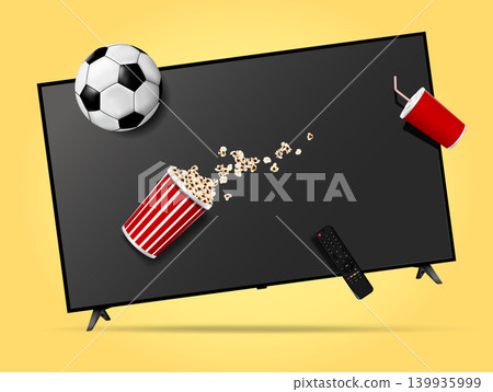 Levitation smart tv, remote control, popcorn, soda cup and soccer ball. Levitation smart tv, remote control, popcorn, soda cup and soccer ball. 139935999