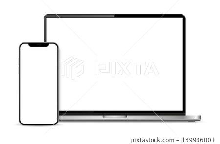 Modern laptop computer front view and smartphone mockup isolated on white background Modern laptop computer front view and smartphone mockup isolated on white background 139936001