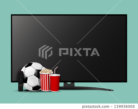 Modern smart television with remote control, pop corn, soda cup and soccer ball Modern smart television with remote control, pop corn, soda cup and soccer ball 139936008