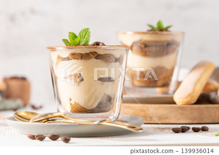 Authentic Italian Tiramisu Dessert in Glass Cups Authentic Italian Tiramisu Dessert in Glass Cups 139936014