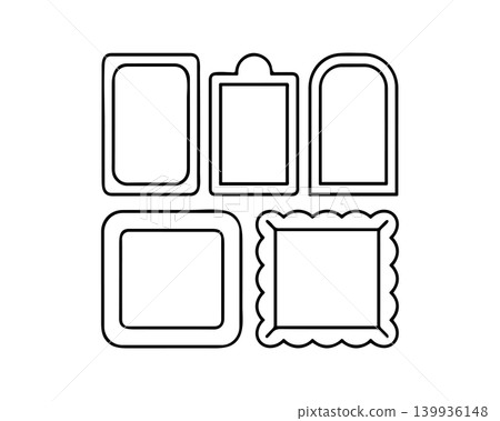 A set of five distinct picture frame line art designs, each with unique shapes and borders vector illustration. A set of five distinct picture frame line art designs, each with unique shapes and borders vector illustration. 139936148