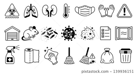 Hantavirus prevention icon set illustration, black outline medical and cleaning symbols with rodent, virus, dust, mask, gloves, lungs, warning signs and sanitation safety elements Hantavirus prevention icon set illustration, black outline medical and cleaning symbols with rodent, virus, dust, mask, gloves, lungs, warning signs and sanitation safety elements 139936151