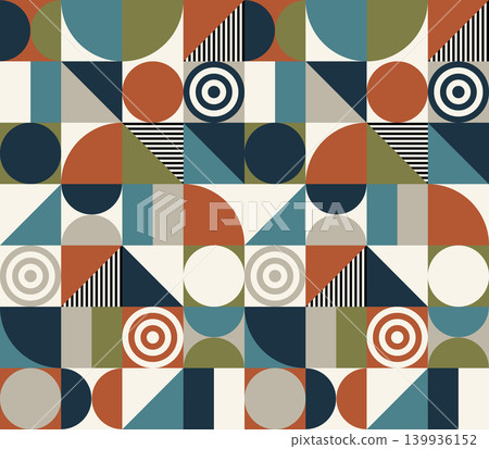 Bauhaus style seamless geometric pattern, retro abstract vector background with circles, triangles and lines 139936152