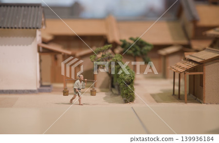 Miniatures depicting scenes of a medieval Japanese city. This instance depicts a servant carrying two buckets of water tied to a pole in an urban setting. Miniatures depicting scenes of a medieval Japanese city. This instance depicts a servant carrying two buckets of water tied to a pole in an urban setting. 139936184