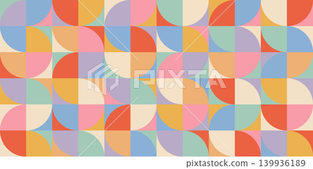 Mid-century style seamless geometric pattern, abstract pastel background with semicircles and color blocks Mid-century style seamless geometric pattern, abstract pastel background with semicircles and color blocks 139936189