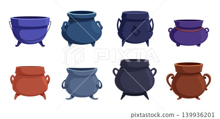 Empty cartoon witch cauldrons. Vintage copper pots for alchemy, witchcraft or cooking on fire flame. Halloween elements, magic, medieval kitchen tools, vector set Empty cartoon witch cauldrons. Vintage copper pots for alchemy, witchcraft or cooking on fire flame. Halloween elements, magic, medieval kitchen tools, vector set 139936201