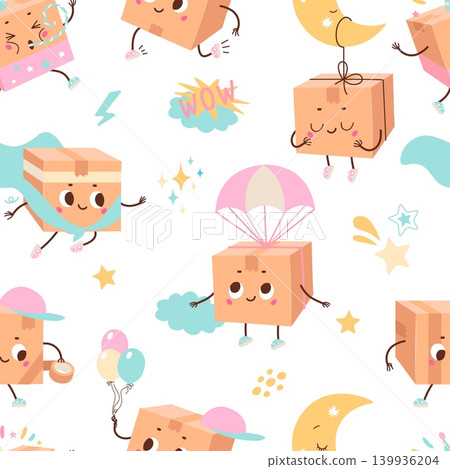 Boxes characters cartoon seamless pattern. Nursery print template, funny cardboard parcels and stars. Delivery service. Fabric design template, vector background Boxes characters cartoon seamless pattern. Nursery print template, funny cardboard parcels and stars. Delivery service. Fabric design template, vector background 139936204