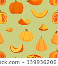 Autumn pumpkins seamless pattern. Agriculture harvest season, fall vegetables, pumpkin slices and bites. Fresh food print template, vector background 139936206