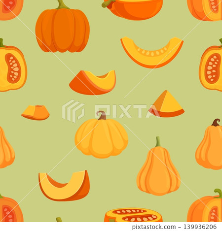 Autumn pumpkins seamless pattern. Agriculture harvest season, fall vegetables, pumpkin slices and bites. Fresh food print template, vector background Autumn pumpkins seamless pattern. Agriculture harvest season, fall vegetables, pumpkin slices and bites. Fresh food print template, vector background 139936206