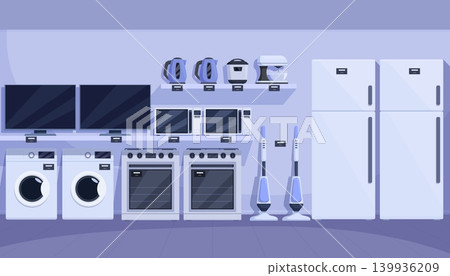 Cartoon electronics appliances store. Rows of small appliances, televisions, stoves, refrigerators. Devices display, electrical goods for sale sapid vector scene Cartoon electronics appliances store. Rows of small appliances, televisions, stoves, refrigerators. Devices display, electrical goods for sale sapid vector scene 139936209