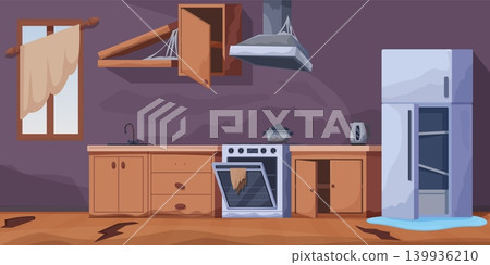 Messy kitchen interior. Broken furniture, cabinets and shelf. Damaged oven and stove, fridge with water puddle on floor. Old abandoned house, sapid vector scene Messy kitchen interior. Broken furniture, cabinets and shelf. Damaged oven and stove, fridge with water puddle on floor. Old abandoned house, sapid vector scene 139936210