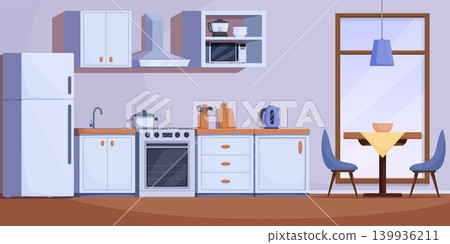 Cartoon house kitchen interior. Clean dining room and cooking zone with appliances and equipment. Wood cutting board, plates, pot on stove, sapid vector scene Cartoon house kitchen interior. Clean dining room and cooking zone with appliances and equipment. Wood cutting board, plates, pot on stove, sapid vector scene 139936211
