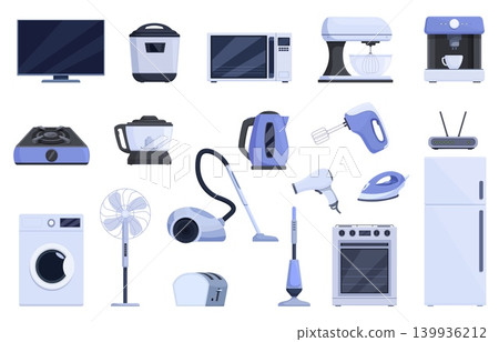 Cartoon home devices. Kitchen appliances, smart electrical devices for household. Iron, vacuum cleaner, fan, fridge, wifi router, toaster and tv, sapid vector clipart 139936212