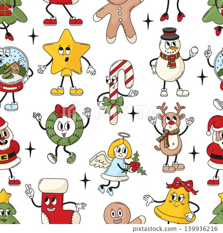 Groovy christmas seamless pattern. Winter season holidays, new year style backdrop with funny characters. Decorative retro style print, neoteric vector background Groovy christmas seamless pattern. Winter season holidays, new year style backdrop with funny characters. Decorative retro style print, neoteric vector background 139936216