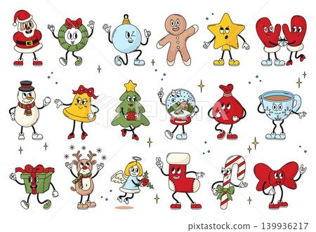 Retro groovy christmas characters. Funny new year, winter seasonal holiday. Xmas tree, bell, snowman, cute angel, red mittens and sock, neoteric vector clipart 139936217