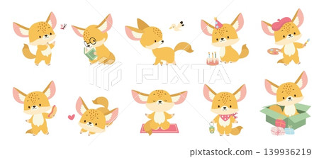 Fennec fox characters. Adorable african foxes different activities, reading book, play with butterfly, meditation. Funny children animal mascots, nowaday vector set Fennec fox characters. Adorable african foxes different activities, reading book, play with butterfly, meditation. Funny children animal mascots, nowaday vector set 139936219