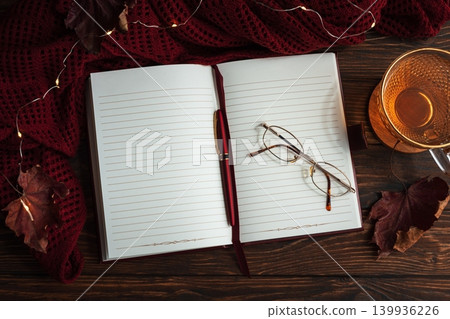 Autumn flat lay with warm tea, open notebook, and fall decorations Autumn flat lay with warm tea, open notebook, and fall decorations 139936226