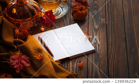Autumn flat lay with warm tea, notebook, and fall decorations Autumn flat lay with warm tea, notebook, and fall decorations 139936229