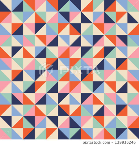 Geometric seamless pattern of triangles, abstract retro background with mosaic ornament in coral and pastel colors 139936246